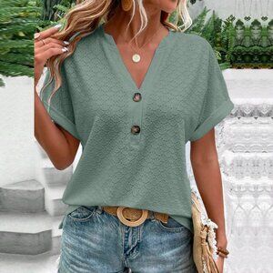 2/$40 Boho Green Button Front Eyelet Short Sleeve Blouse Casual Summer Loose Top